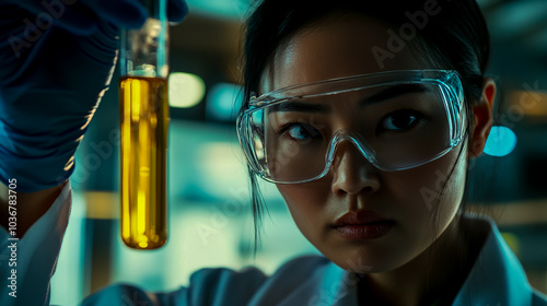 Cinematic close-up of an Asian female scientist in her lab, holding up a test tube with a yellow liquid. photo