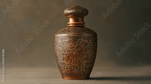 An ornate copper bottle with an intricate floral design.