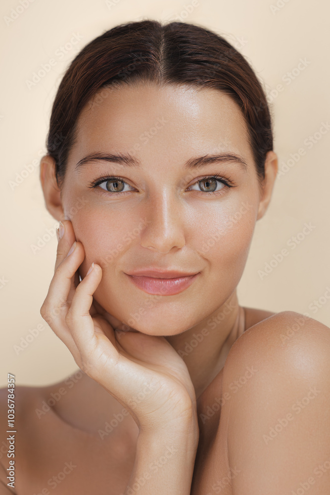 Portrait of a woman with glowing skin gently touching her face, showcasing a flawless complexion. Ideal for beauty, skincare, and spa-related concepts, highlighting moisturizers, makeup, and facial Portrait of a woman with glowing skin gently touching her face, showcasing a flawless complexion. Ideal for beauty, skincare, and spa-related concepts, highlighting moisturizers, makeup, and facial