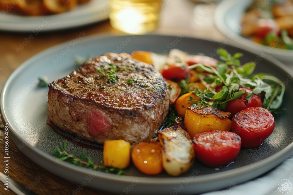 fine dining experience, artfully arranged steak meal on sleek table with vibrant veggies and herbs, setting a welcoming vibe fine dining experience, artfully arranged steak meal on sleek table with vibrant veggies and herbs, setting a welcoming vibe