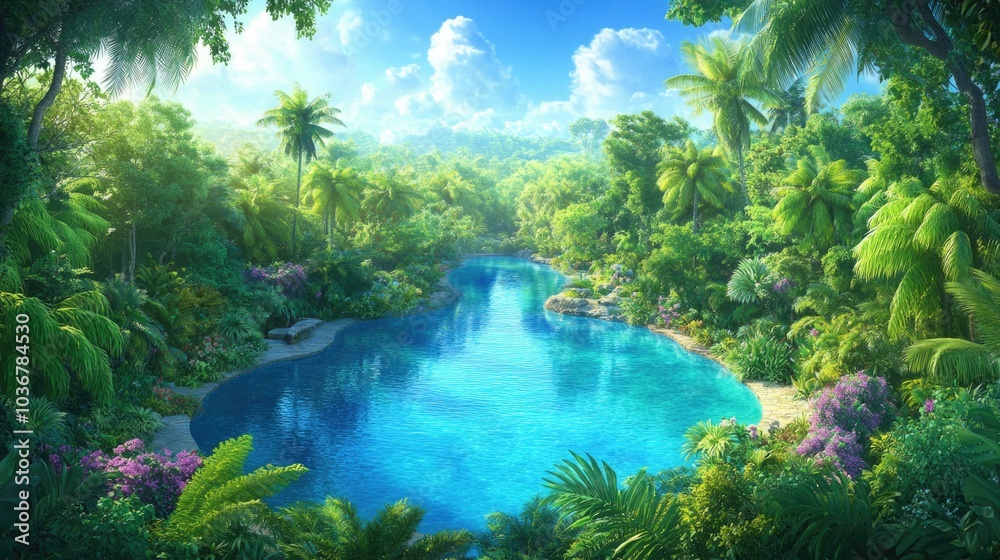 Fototapeta premium Serene jungle oasis with lush greenery and crystal clear water