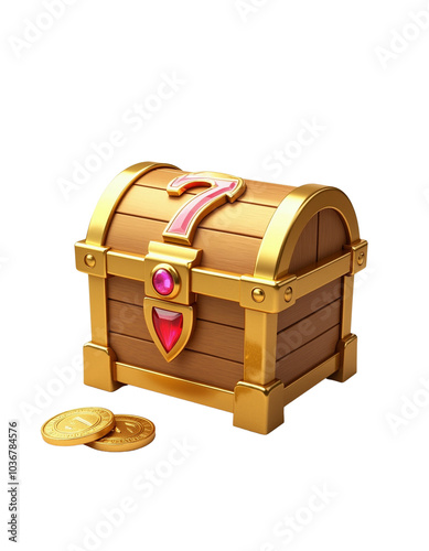 Decorative Treasure Chest with Coins and Gem Emblem Design.