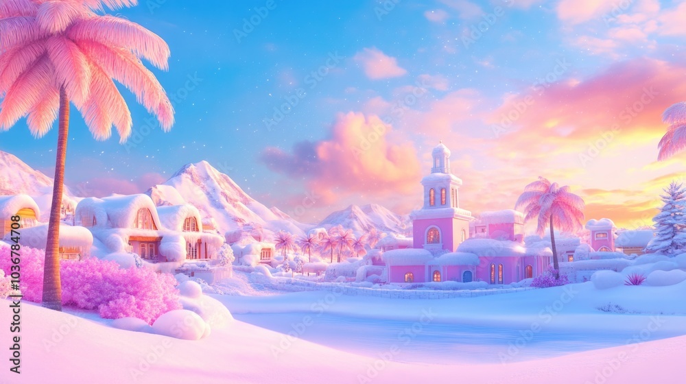 Obraz premium Tropical winter wonderland: pink snow village at sunset