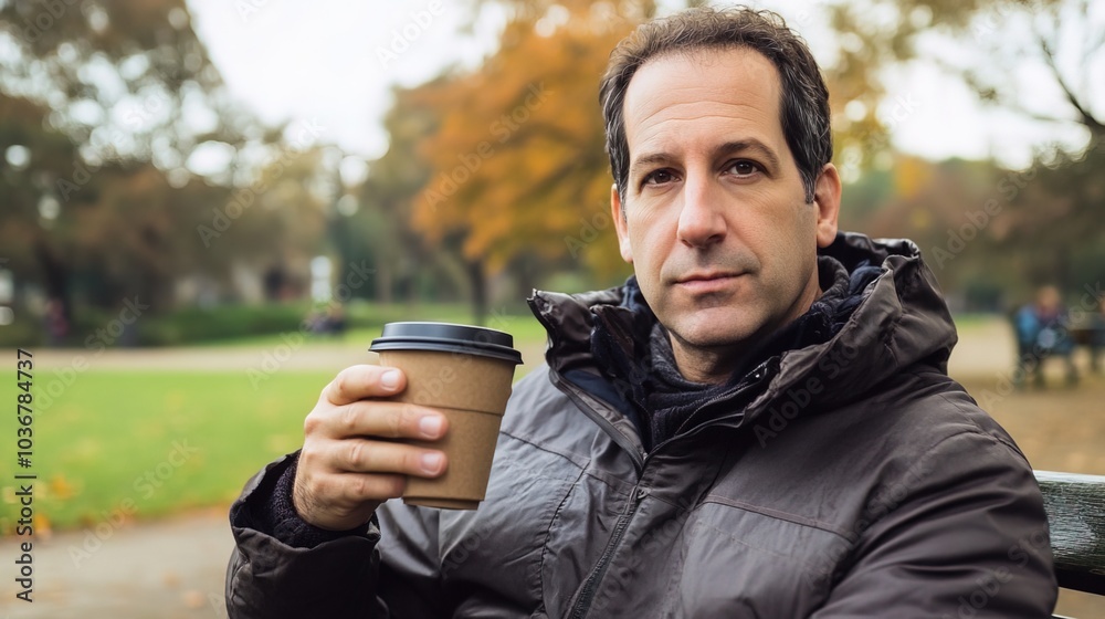 Middle-aged man with slight tremor holding cup of coffee on park bench, symbolizing struggle with Parkinson's disease, calm natural setting. Middle-aged man with slight tremor holding cup of coffee on park bench, symbolizing struggle with Parkinson's disease, calm natural setting.