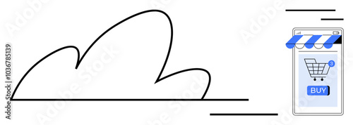 A smartphone with a blue shopping awning on the screen and a buy button. Black cloud indicates online cloud storage or e-commerce. Ideal for mobile shopping cloud services digital marketing online