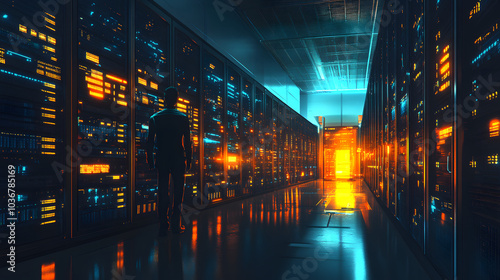 The Cutting Edge of Technology: A Futuristic Data Center with Glowing Servers and Skilled Technicians Exemplifying Reliability