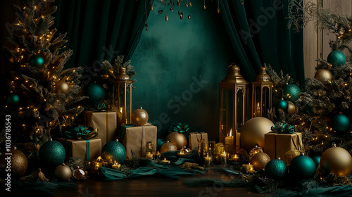 Cinematic photo backdrop in green and gold, featuring teal balls, candles, lanterns, ribbons, and a green velvet curtain.