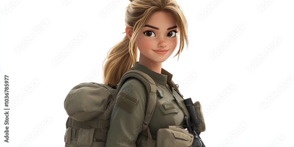 A Cartoon Female Soldier in a Green Uniform with a Backpack A Cartoon Female Soldier in a Green Uniform with a Backpack