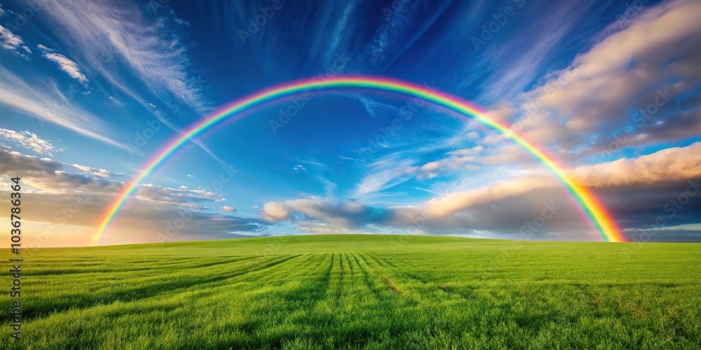Colorful rainbow arc in sky above open grassy area Colorful rainbow arc in sky above open grassy area