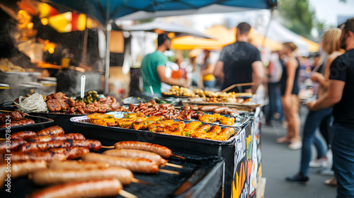 A Bustling Street Fair Showcasing a Variety of Sausage Dishes from Different Cultures