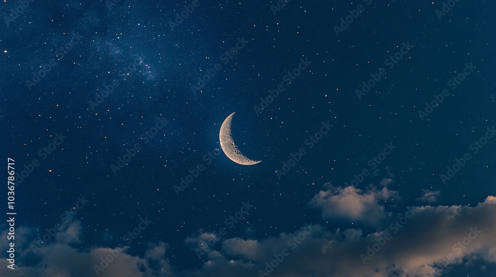 A serene night sky featuring a crescent moon amidst twinkling stars and soft clouds. A tranquil and captivating celestial scene.