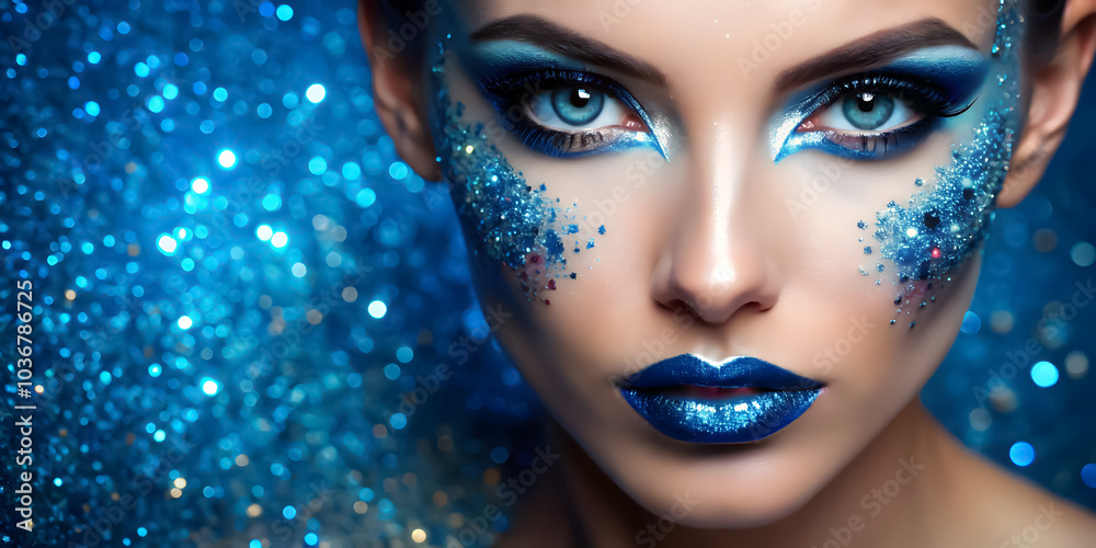 Sparkling Glitter Makeup on Woman's Face - Close-Up Glamour Portrait with Blue Makeup and Open Eyes Isolated on Black Sparkling Glitter Makeup on Woman's Face - Close-Up Glamour Portrait with Blue Makeup and Open Eyes Isolated on Black