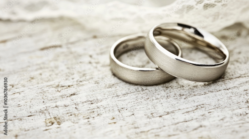 Wedding rings with a white wooden backdrop, paired with vintage accessories like a bridal veil and ribbon. Wedding rings with a white wooden backdrop, paired with vintage accessories like a bridal veil and ribbon.