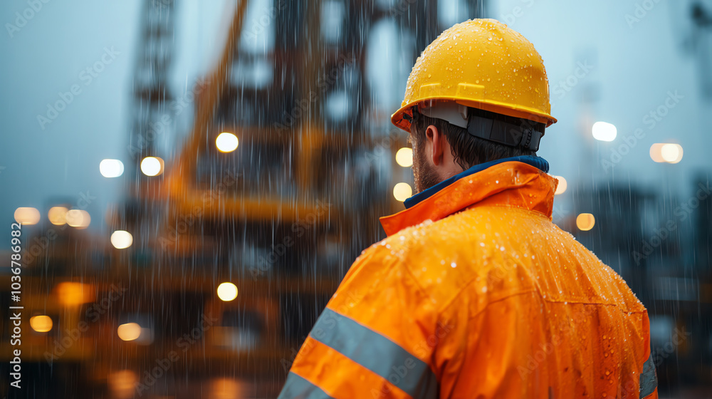 A worker in an orange rain jacket and yellow hard hat observes a construction site in the rain, reflecting dedication and safety in challenging weather.
