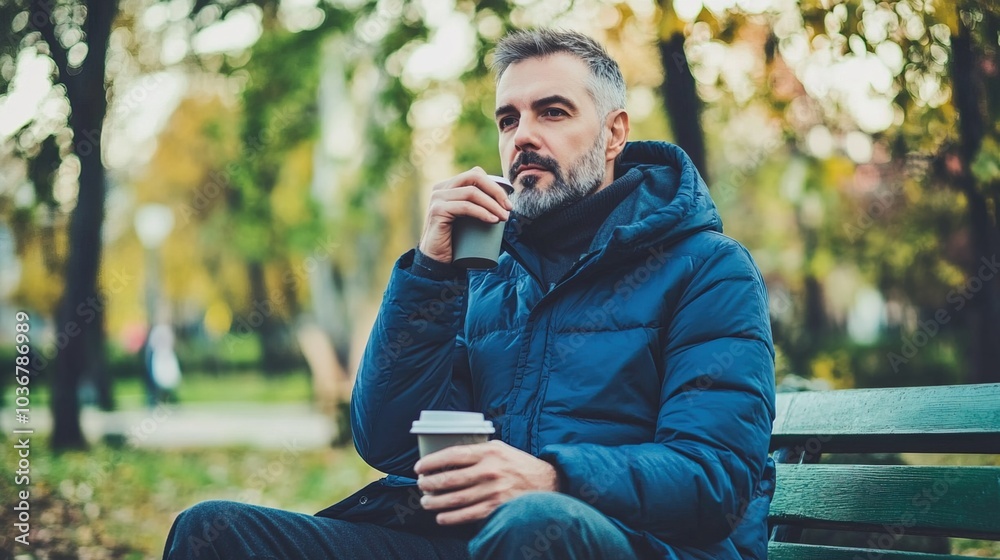 Middle-aged man with slight tremor holding cup of coffee on park bench, symbolizing struggle with Parkinson's disease, calm natural setting. Middle-aged man with slight tremor holding cup of coffee on park bench, symbolizing struggle with Parkinson's disease, calm natural setting.