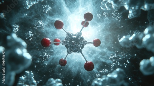 A 3D rendering of a molecule with six red atoms connected by silver bonds, set against a backdrop of a swirling, abstract, silver and white background.