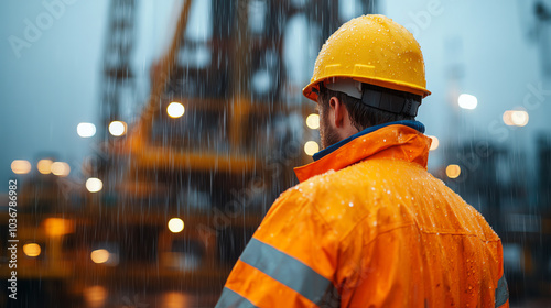 Obraz na płótnie A worker in an orange rain jacket and yellow hard hat observes a construction site in the rain, reflecting dedication and safety in challenging weather. w salonie