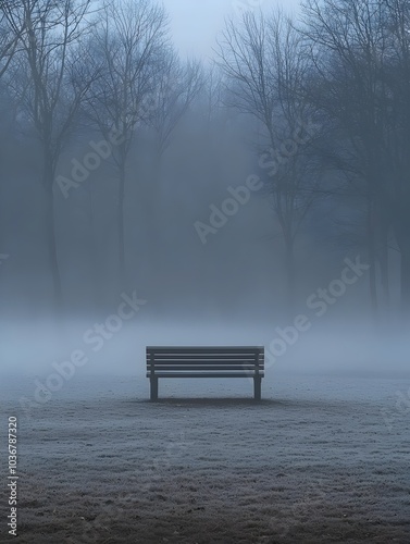 A solitary wooden bench in a foggy park, surrounded by bare trees, creating a serene and mysterious atmosphere. Perfect for contemplation and reflection.