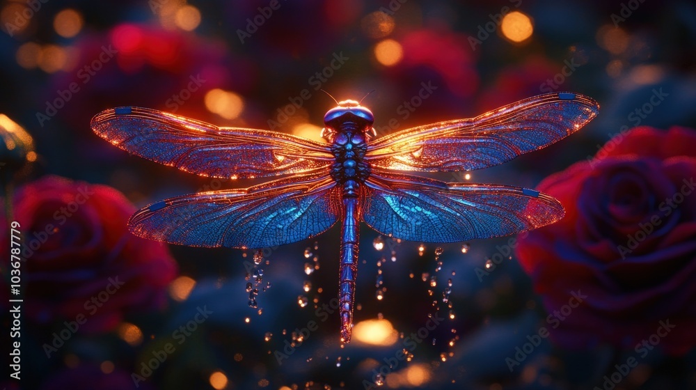 A luminous dragonfly with iridescent wings hovers over red roses, its body dripping with water droplets. A luminous dragonfly with iridescent wings hovers over red roses, its body dripping with water droplets.