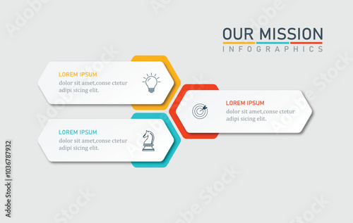 mission,vision and values infographic design template with 3 steps.	