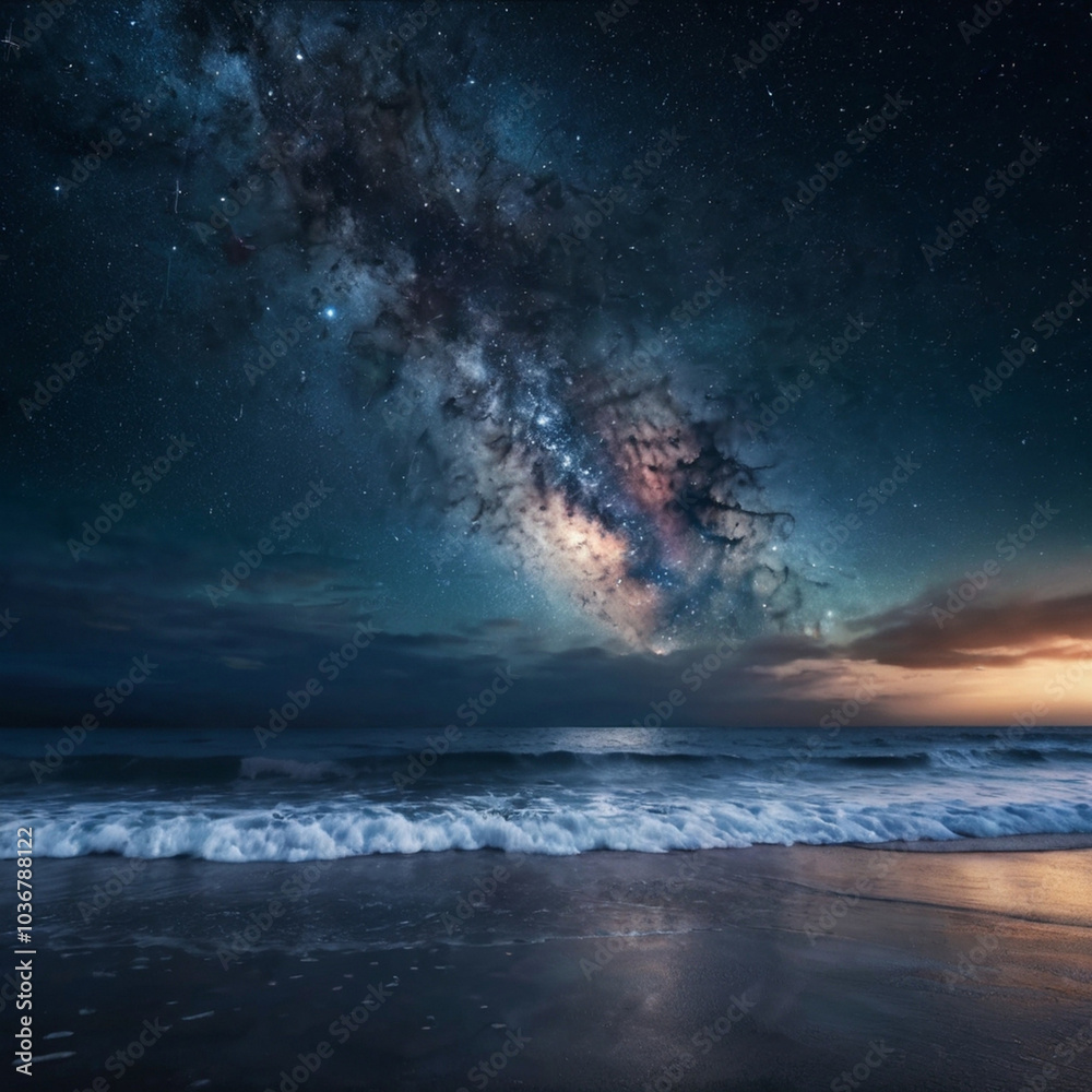 Beautiful seascape and blue starry sky with stars and milky way in the midnight. Dreaming and imagination of fantasy galaxy over blue sea in the night. Beautiful seascape and blue starry sky with stars and milky way in the midnight. Dreaming and imagination of fantasy galaxy over blue sea in the night.