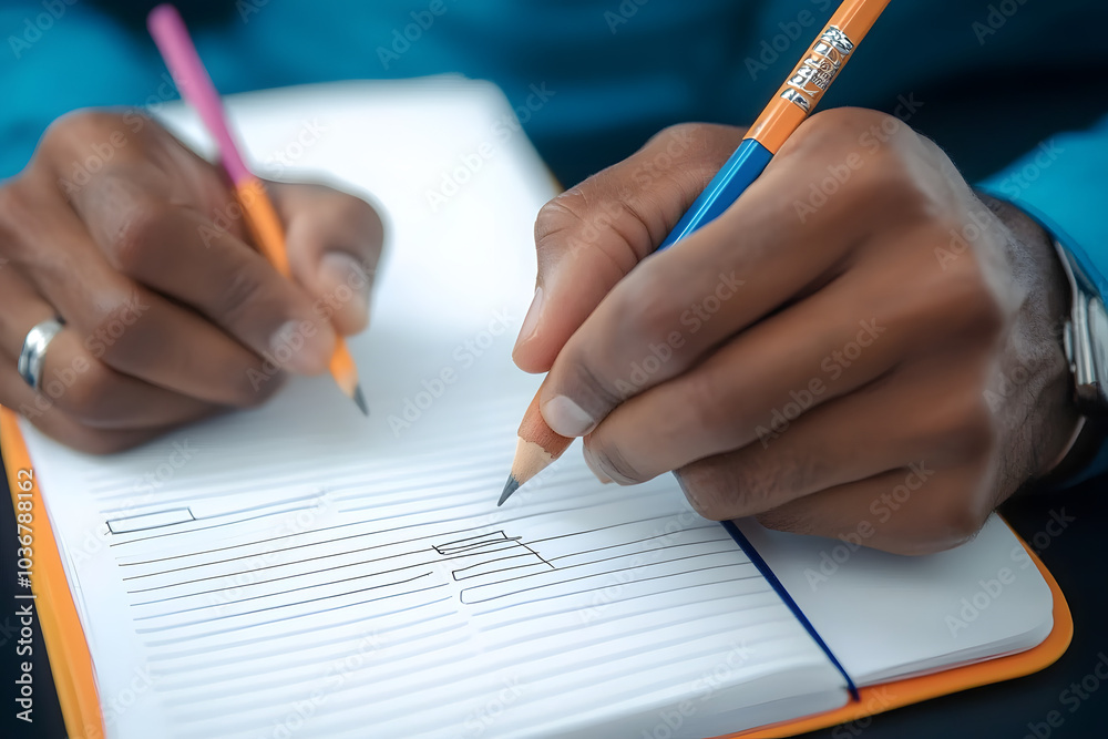 Businessman's hands hold a pencil and write down the goals to be achieved in a notebook or making a to-do list. Businessman's hands hold a pencil and write down the goals to be achieved in a notebook or making a to-do list.