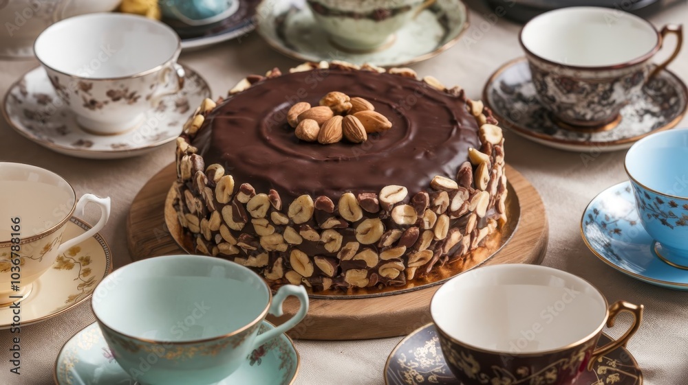 Mouthwatering chocolate and nut cake surrounded by charming teacups, creating a cozy tea time