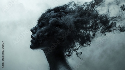 A striking silhouette of a woman with ethereal, smoky wisps of thought emerging from her head, symbolizing creativity and depth of emotions.