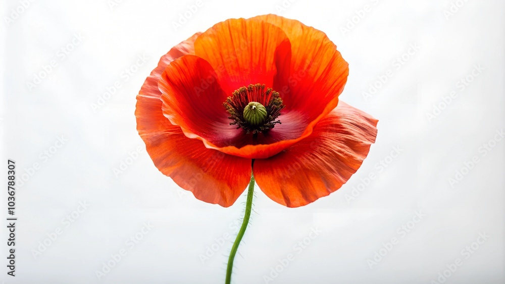 Fototapeta premium A bright poppy flower on a white background, featuring its vibrant red petals and unique shape.
