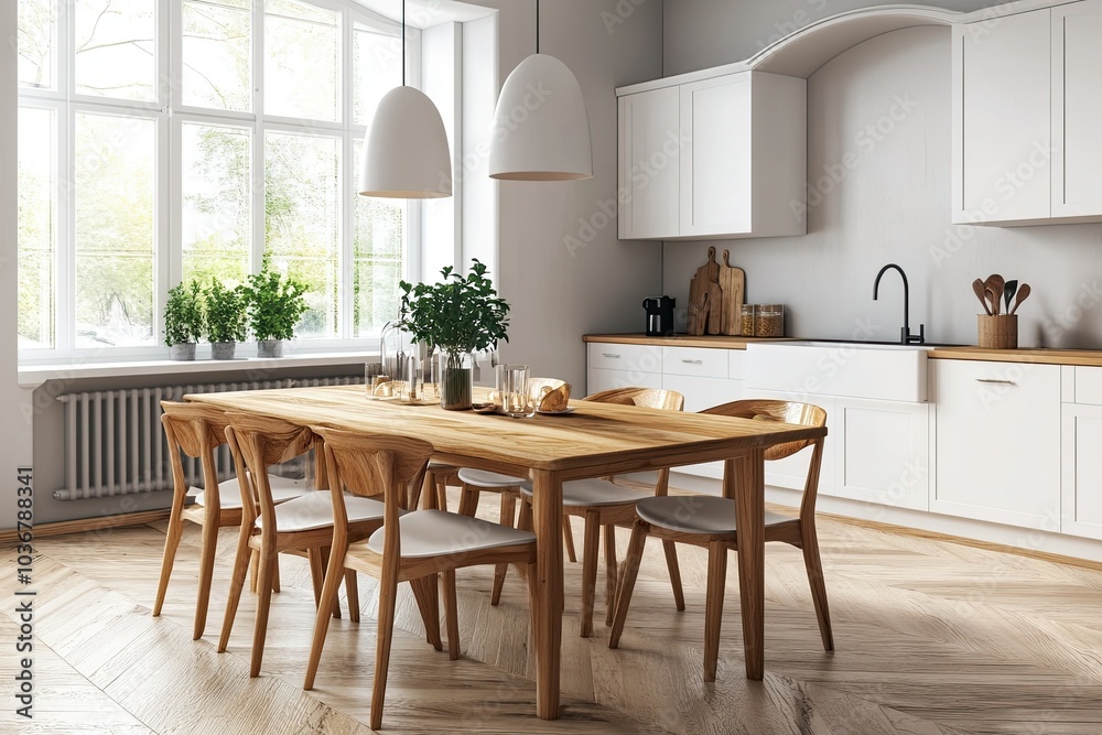 modern wooden dining table set and chairs in stylish white and grey room with elegant wooden floor modern wooden dining table set and chairs in stylish white and grey room with elegant wooden floor