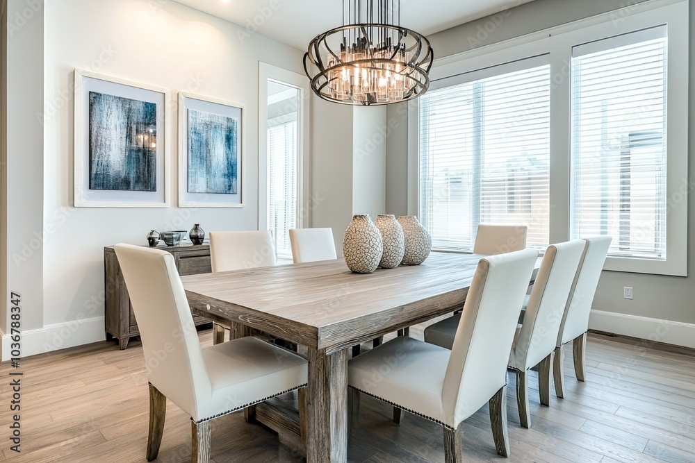 Fototapeta premium modern wooden dining table set and chairs in stylish white and grey room with elegant wooden floor