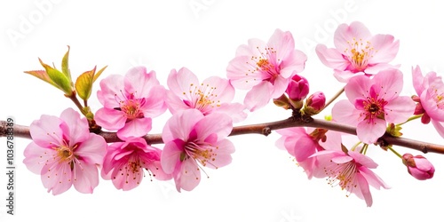 High angle view of pink cherry blossoms in spring isolated on white background