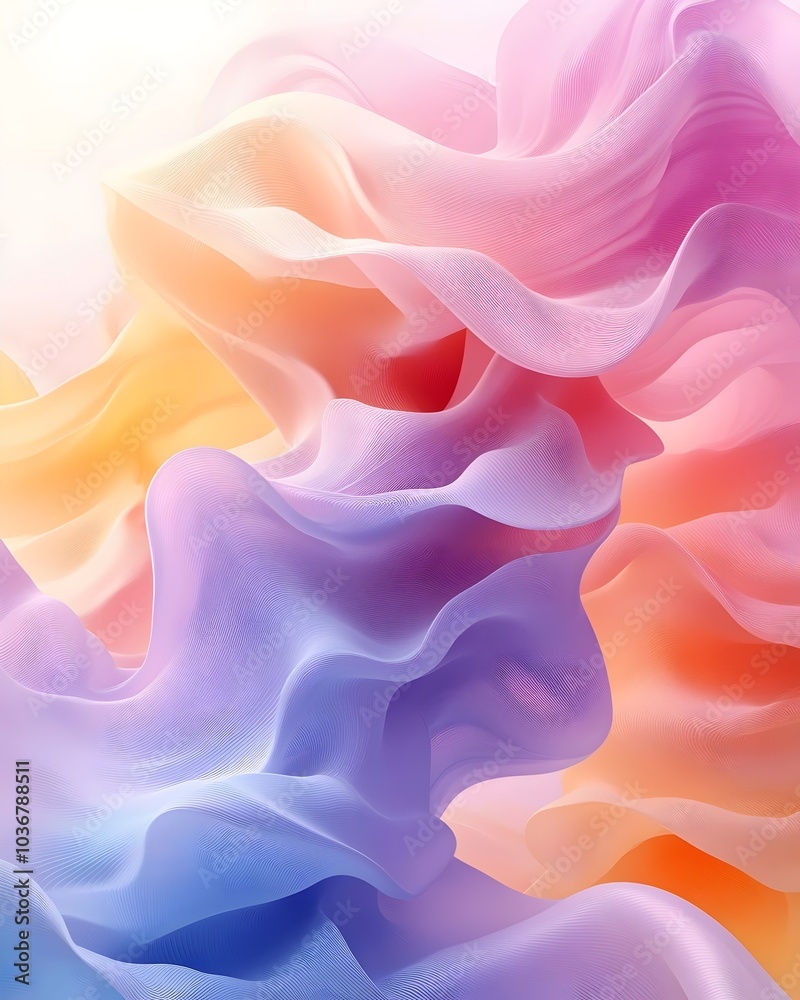 Obraz premium A vibrant abstract composition featuring flowing waves of soft pastel colors, blending hues of pink, orange, and purple, creating a serene and dreamy atmosphere.