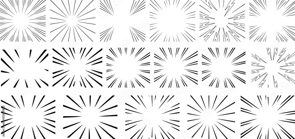 Collection of radial sunburst and explosion lines in various styles – vector elements for comic effects, retro designs, dynamic frames, and abstract backgrounds for visual emphasis. Collection of radial sunburst and explosion lines in various styles – vector elements for comic effects, retro designs, dynamic frames, and abstract backgrounds for visual emphasis.