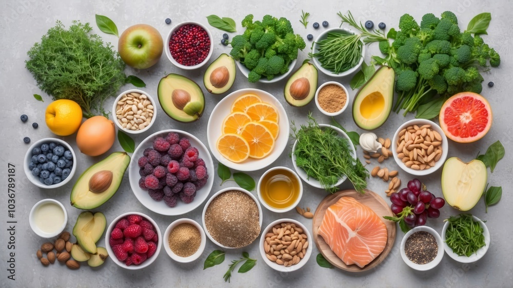 Healthy Assortment of Fresh Fruits, Vegetables, and Nuts Displayed on a Table Healthy Assortment of Fresh Fruits, Vegetables, and Nuts Displayed on a Table