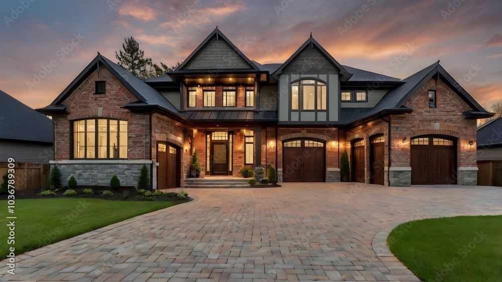 Luxury house exterior with brick and siding trim and double garage. Luxury house exterior with brick and siding trim and double garage.
