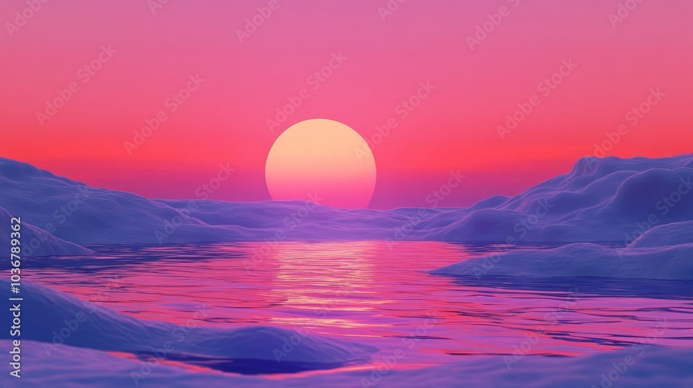 A serene landscape with a large, glowing sun setting over a still body of water surrounded by snow-covered hills. The sky is a vibrant pink and orange. A serene landscape with a large, glowing sun setting over a still body of water surrounded by snow-covered hills. The sky is a vibrant pink and orange.