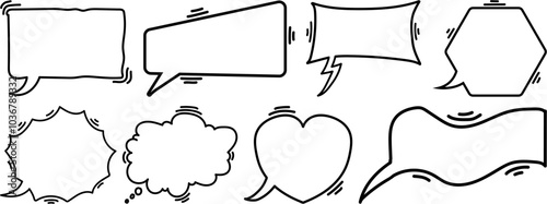 Set of Comic Speech Bubbles with Wavy, Hexagon, and Heart-Shaped Dialog Boxes in Vector Format, Perfect for Comics, Cartoons, Social Media Graphics, and Creative Communication Designs