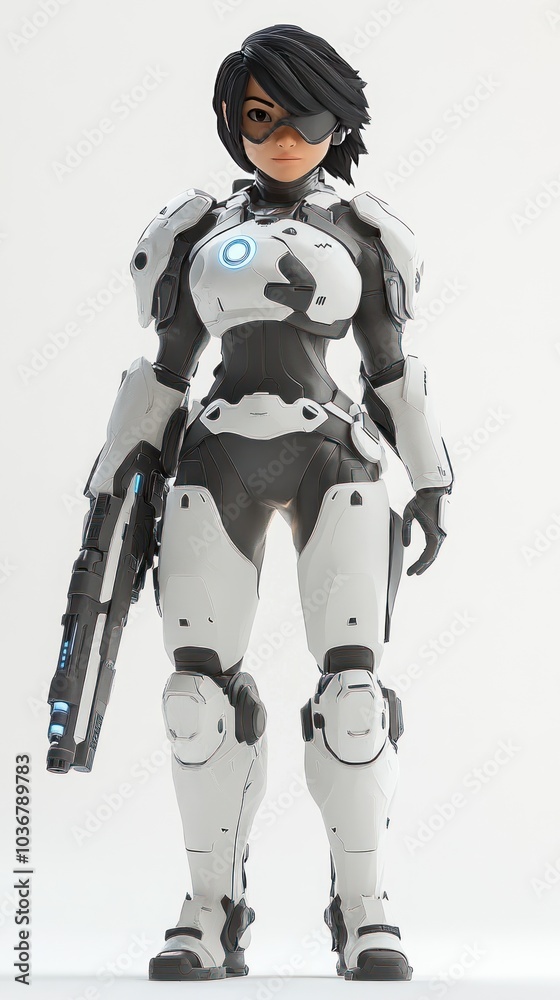 Female Cyborg Character in White and Black Armor Holding a Gun Female Cyborg Character in White and Black Armor Holding a Gun
