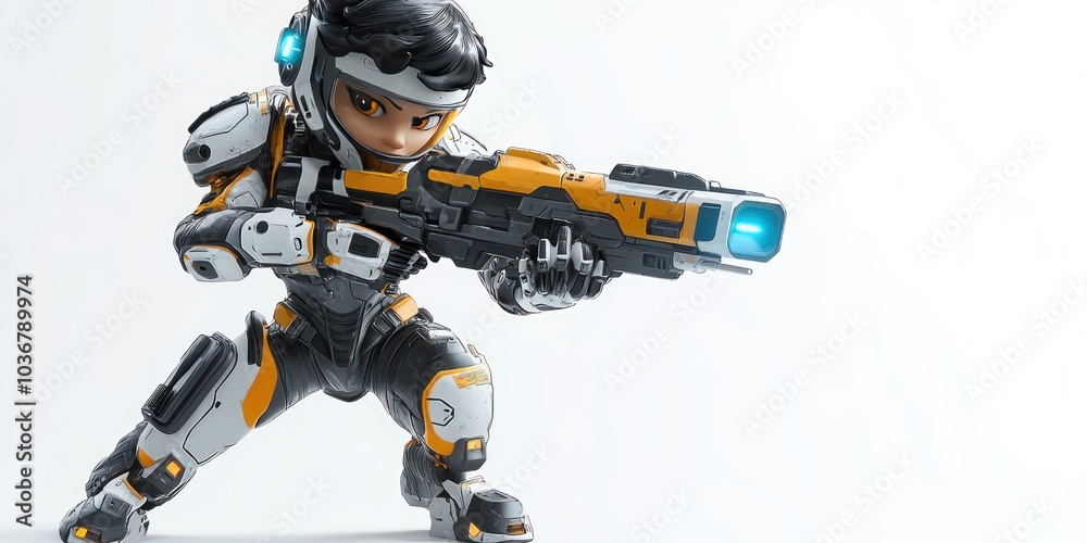 A stylized futuristic soldier in combat gear holding a futuristic weapon