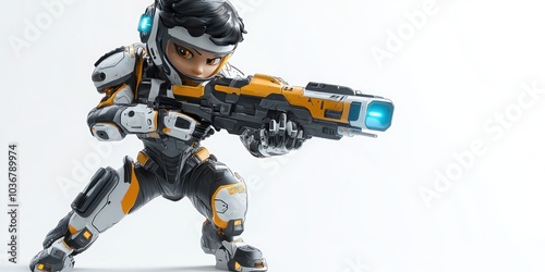 A stylized futuristic soldier in combat gear holding a futuristic weapon