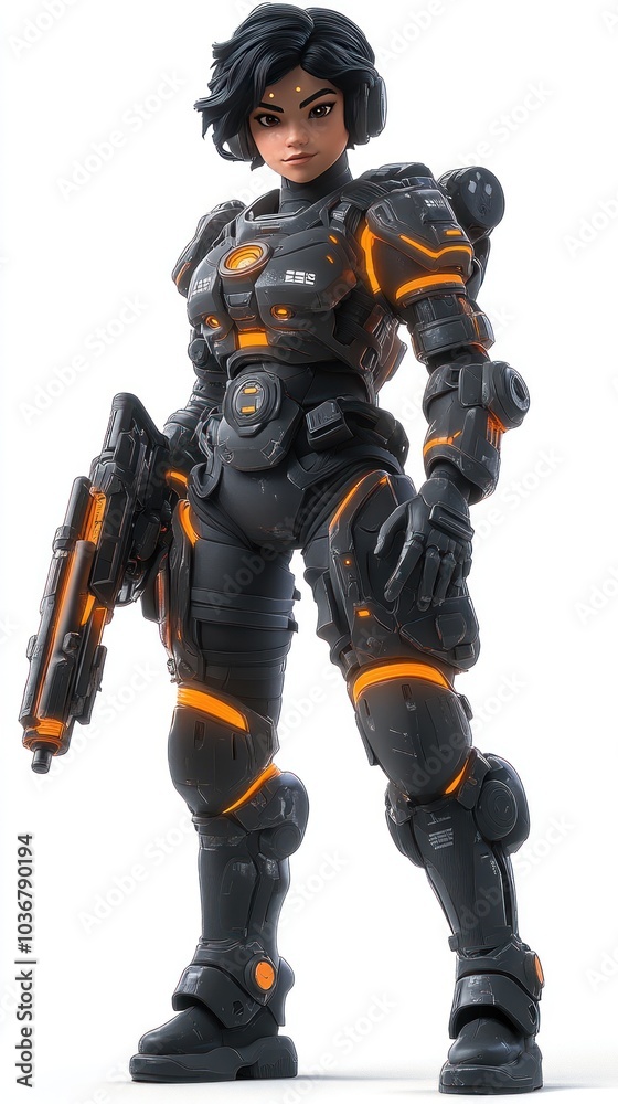 Female Cyborg Soldier in Black and Orange Armor Holding a Futuristic Weapon Female Cyborg Soldier in Black and Orange Armor Holding a Futuristic Weapon
