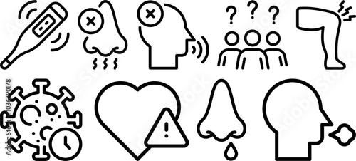 Medical Symptoms and Virus Awareness Icons - Vector Set Including Fever, Loss of Smell, Headache, Sore Throat, Virus, Heart Health, and Social Distancing. Ideal for Healthcare and Public Health Projec