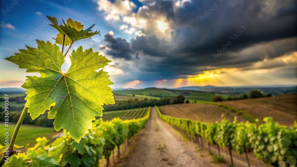 Fototapeta premium Italian vineyard in Molise with tree leaf in front, cloudy sky, blue sky