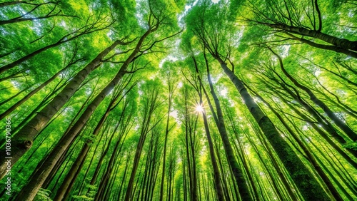 Green forest vertical background texture shot from a low angle