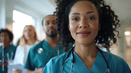 Diverse team of joyful medical professionals standing with arms crossed, collaborating in a healthcare setting, showcasing their expertise and teamwork