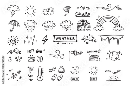 Weather Doodle sketch icons cartoon line hand drawn illustration for concept design. Kids cute style