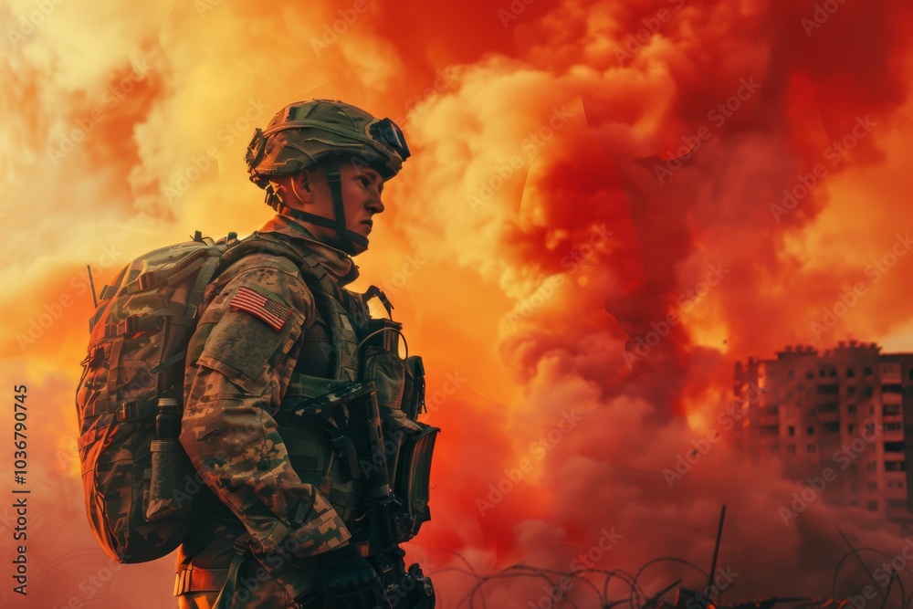 Military explosion with soldiers, helicopters, and fire in a combat zone, showcasing action and conflict in camouflage uniforms Military explosion with soldiers, helicopters, and fire in a combat zone, showcasing action and conflict in camouflage uniforms