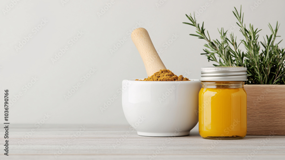 mortar and pestle with spices, jar of yellow substance, and plant create serene kitchen scene mortar and pestle with spices, jar of yellow substance, and plant create serene kitchen scene