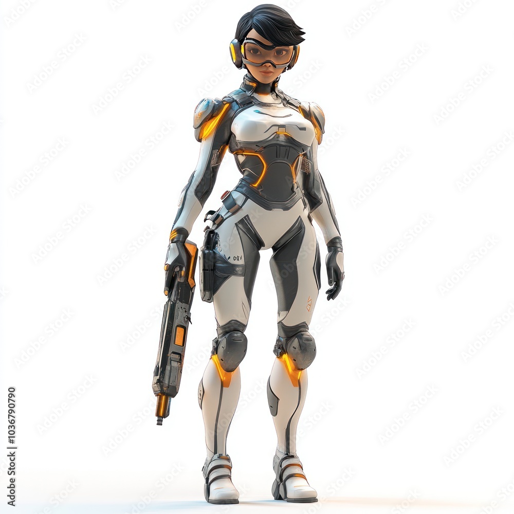 Futuristic Female Character in White and Orange Armor Holding a Weapon Futuristic Female Character in White and Orange Armor Holding a Weapon